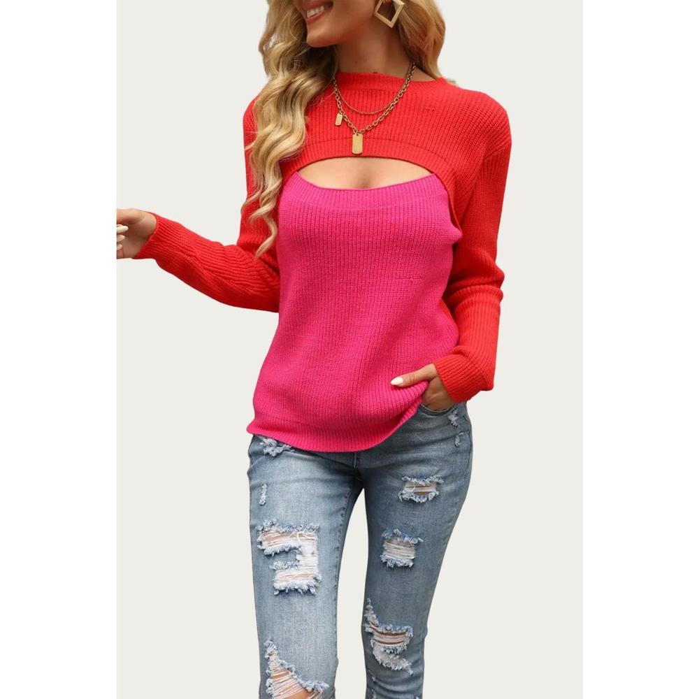 NEW EPRETTY two-tone colorblock cutout sweater in red/hot pink